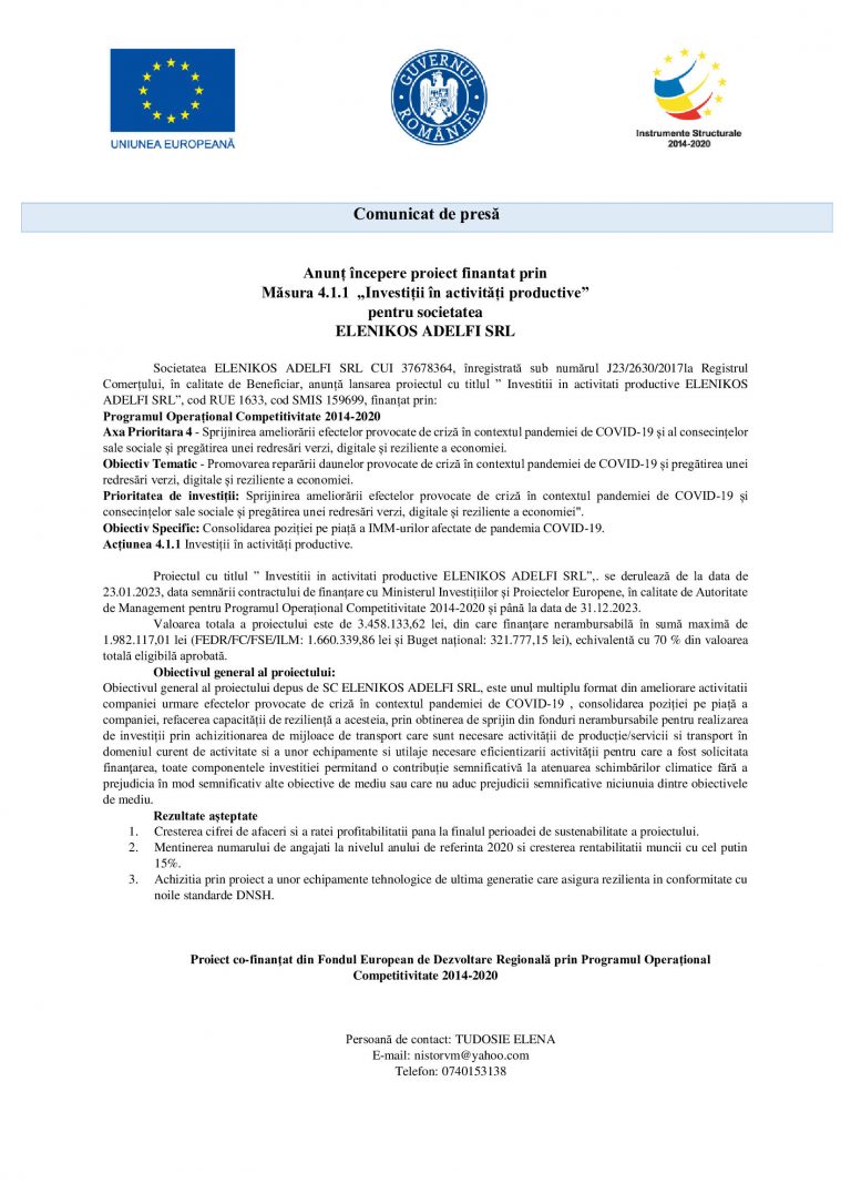 Comunicat de presa ELENIKOS ADELFI SRL