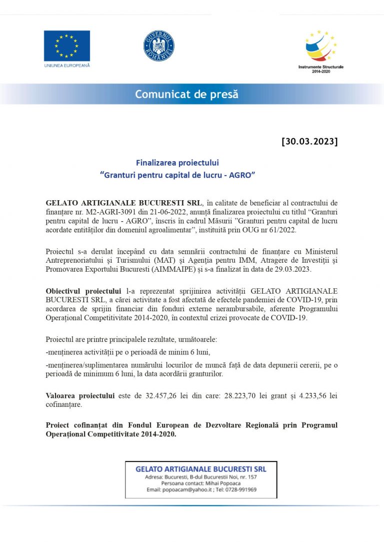 Comunicat de presa GELATO ARTIGIANALE BUCURESTI SRL