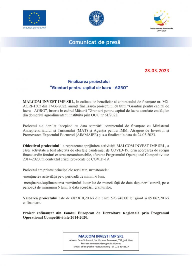 Comunicat de presa MALCOM INVEST IMP SRL