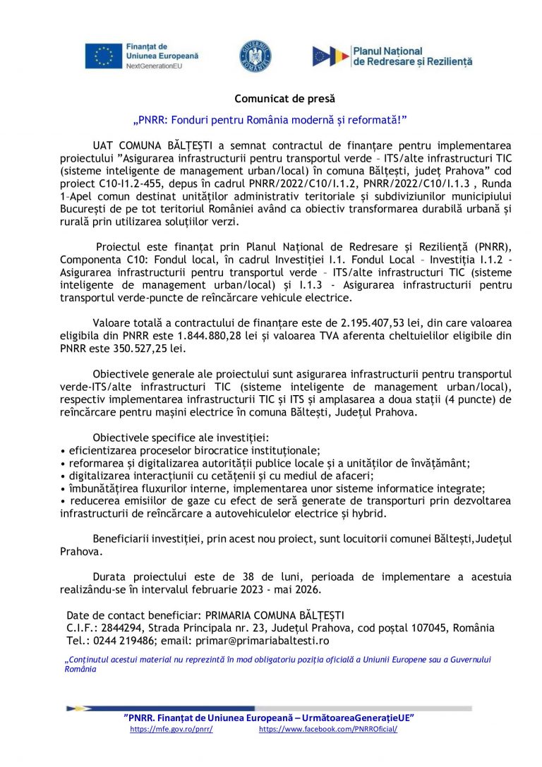 Comunicat de presa Primaria Comunei Baltesti