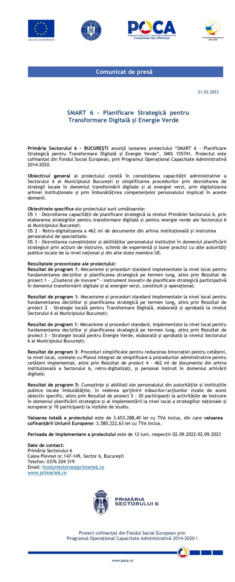 Comunicat de presa Primaria Sectorului 6