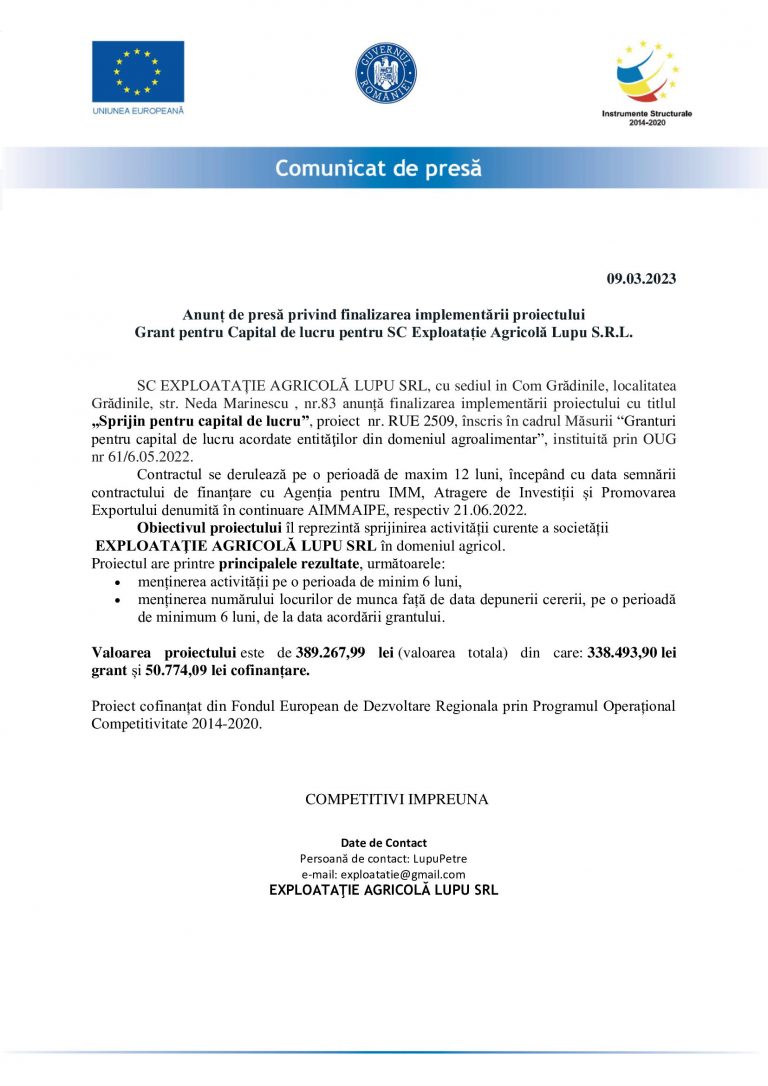 Comunicat de presă SC Exploatație Agricolă Lupu S.R.L.