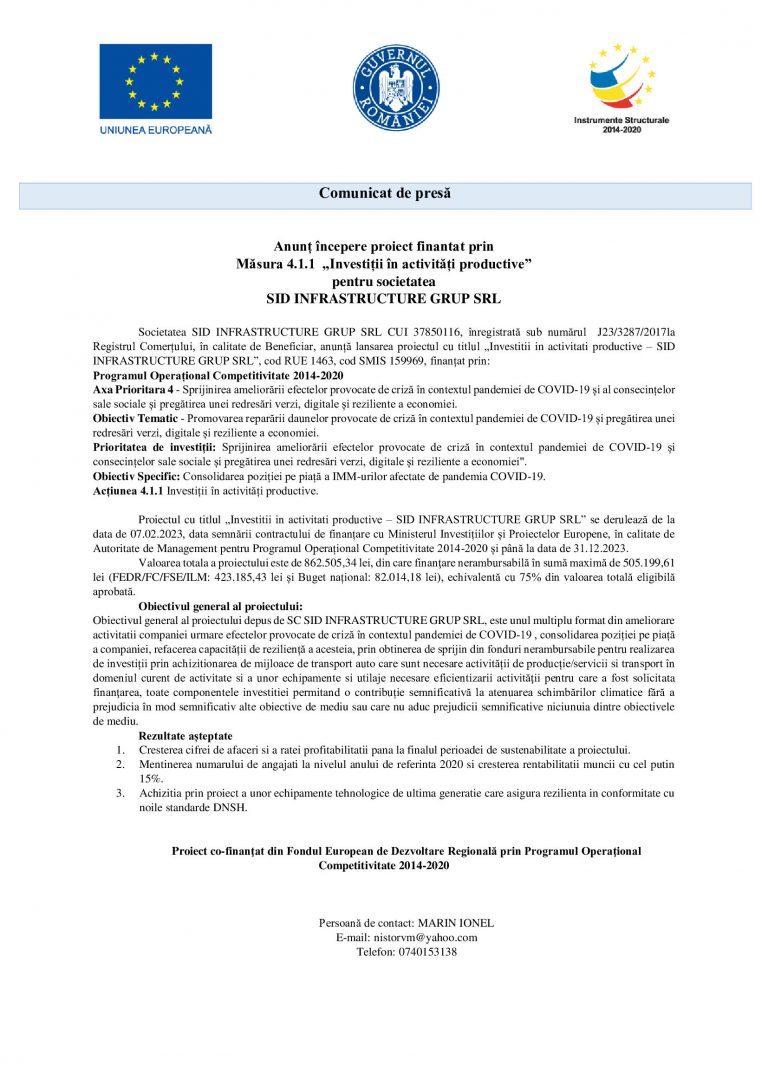 Comunicat de presa SID INFRASTRUCTURE GRUP SRL