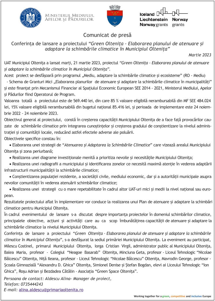 Comunicat de presa UAT Municipiul Oltenita