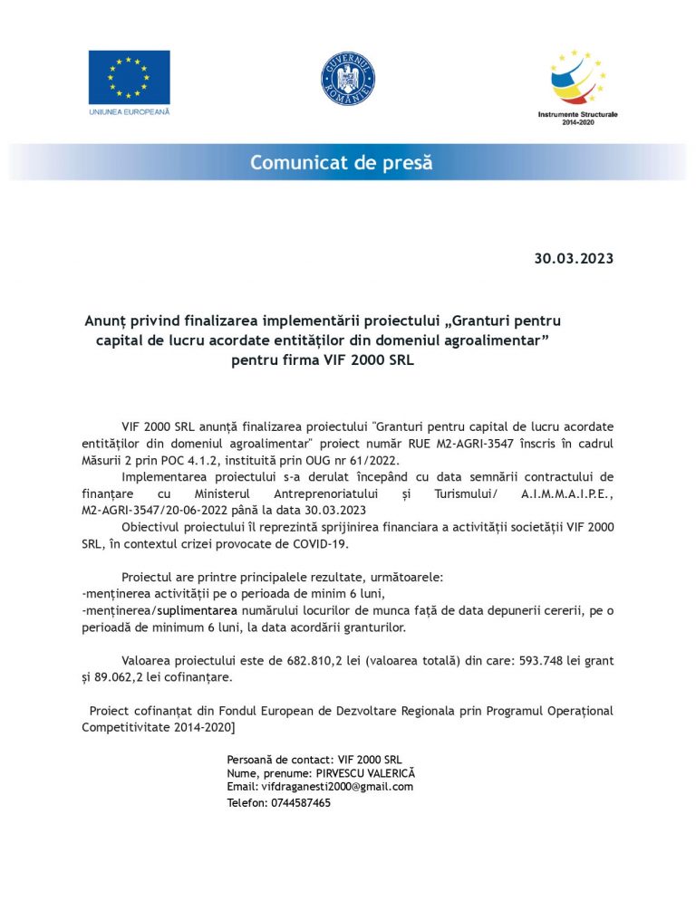 Comunicat de presa VIF 2000 SRL