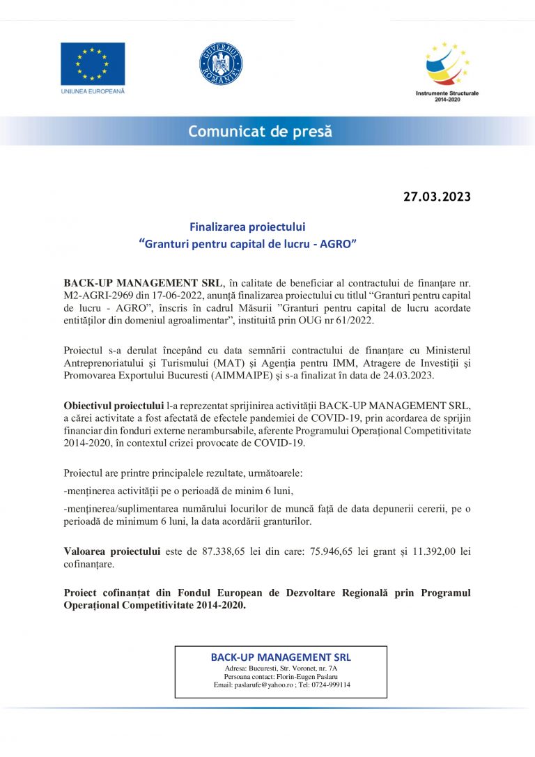 Comunicat de presa Back Up Management SRL