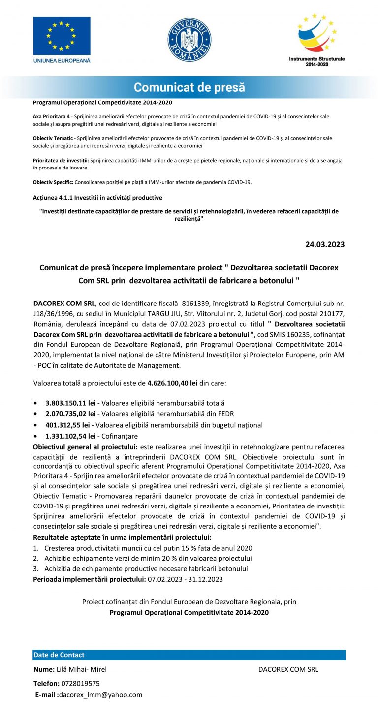 Comunicat de presă SC DACOREX COM SRL
