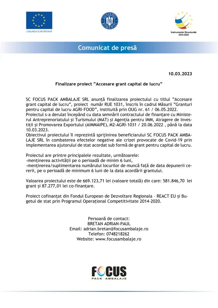 Comunicat de presă SC FOCUS PACK AMBALAJE SRL