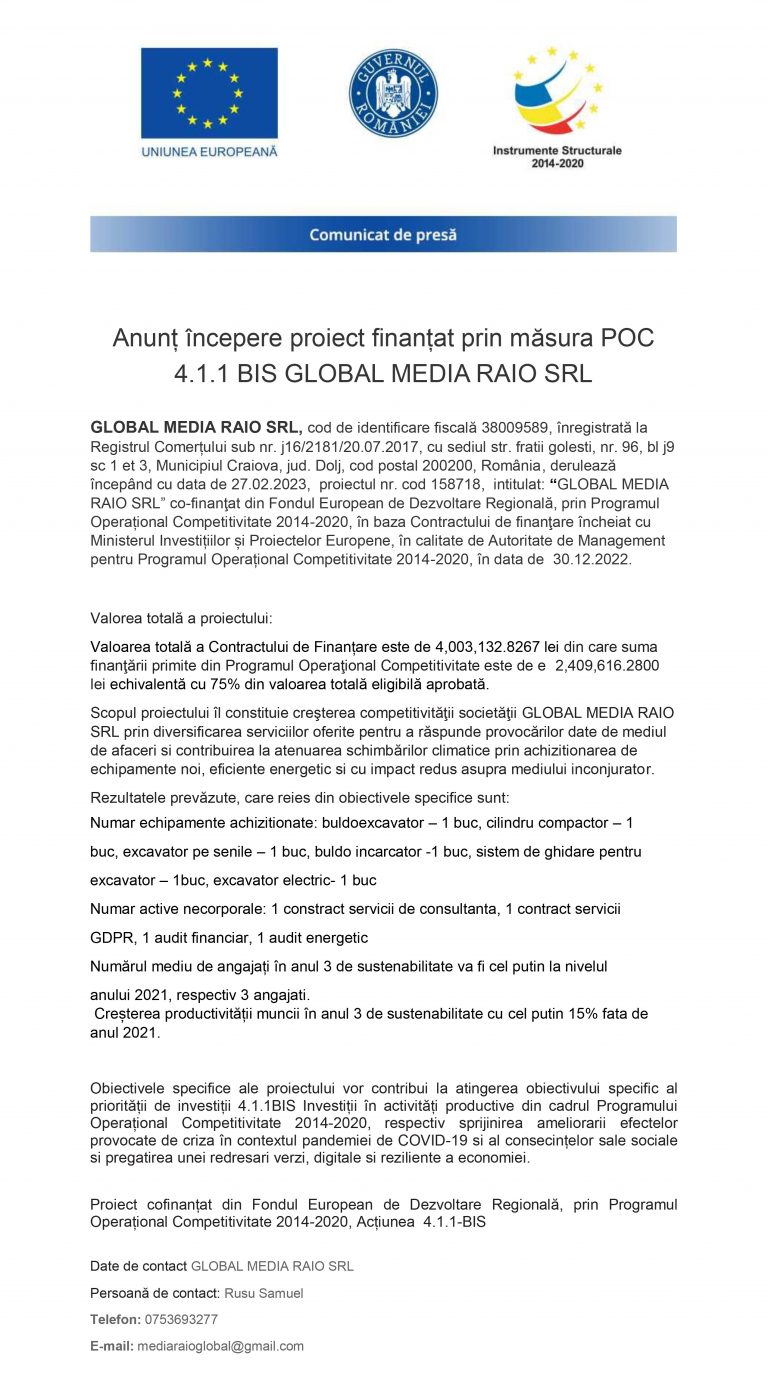 Comunicat de presă GLOBAL MEDIA RAIO SRL