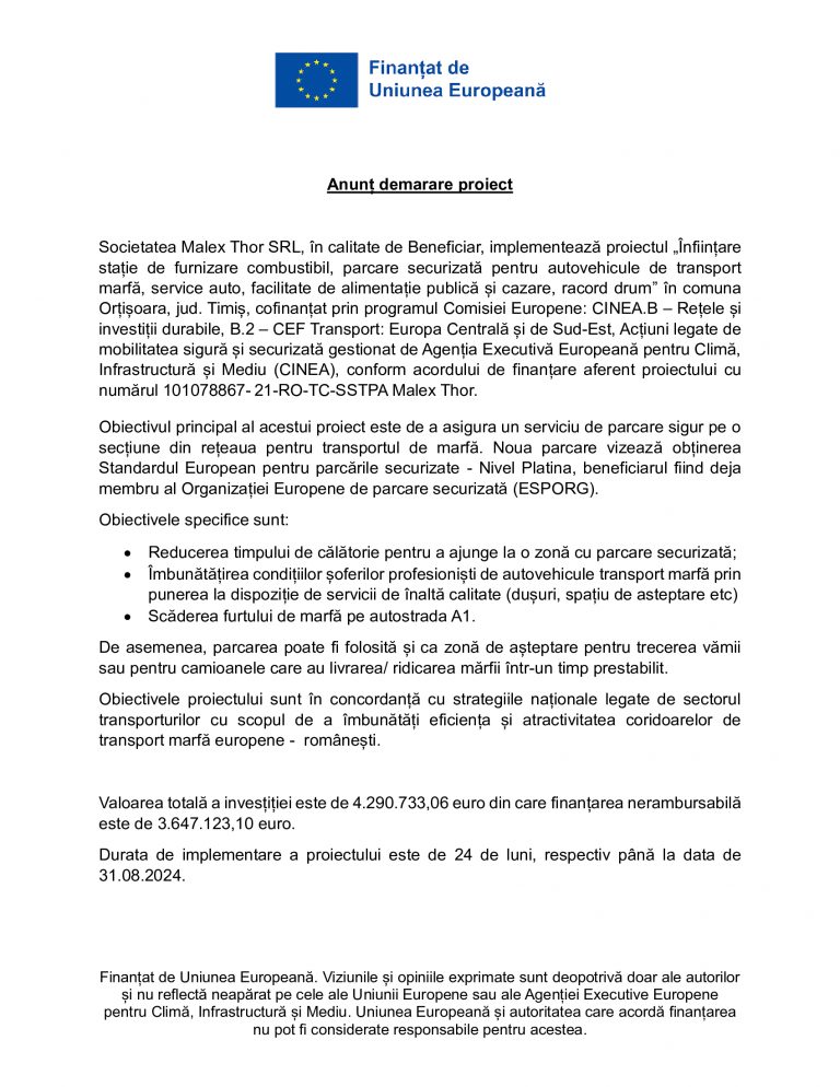 Anunț demarare proiect Malex Thor SRL