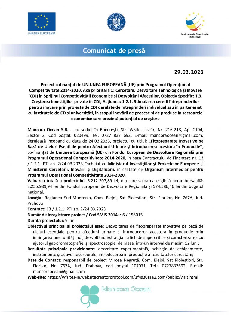 Comunicat de presă Mancora Ocean S.R.L.