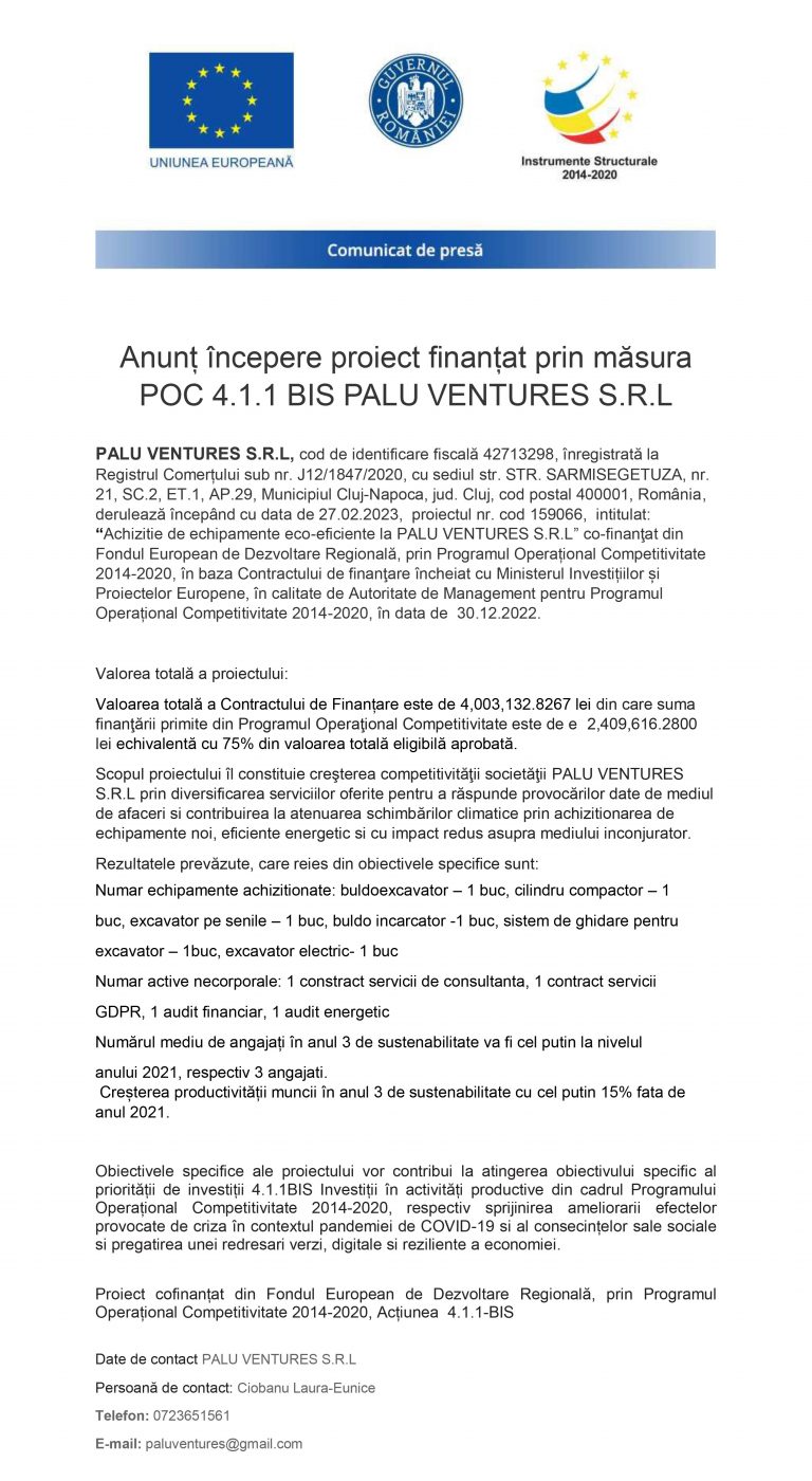 Comunicat de presă PALU VENTURES SRL
