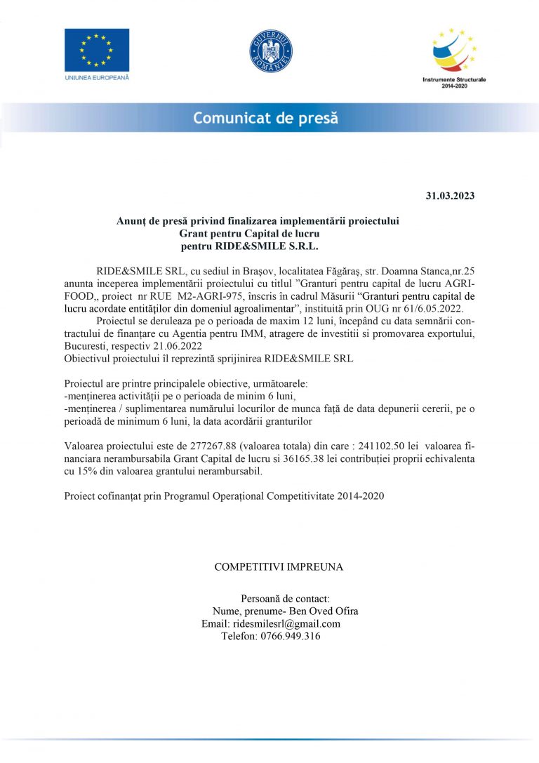 Comunicat de presă RIDE&SMILE SRL