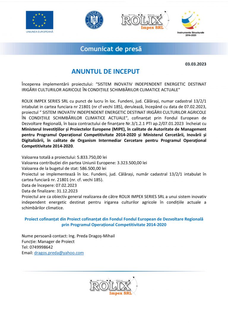 Comunicat de presă ROLIX IMPEX SERIES SRL