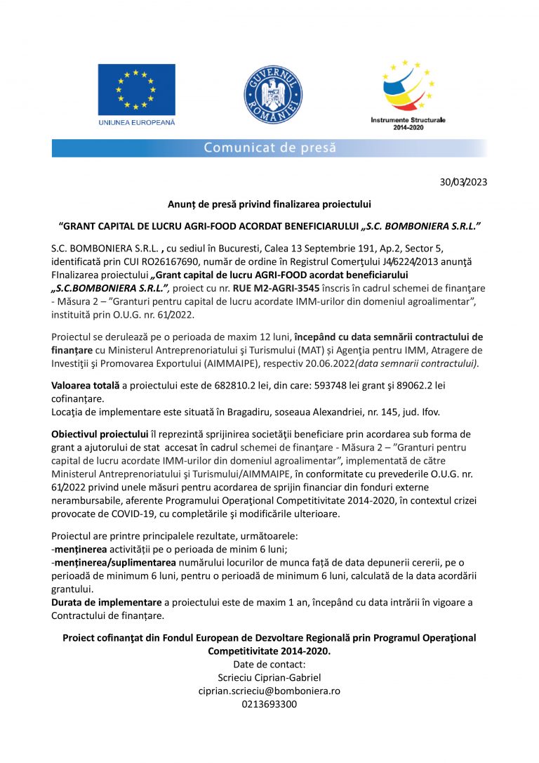Comunicat de presă S.C. BOMBONIERA S.R.L.