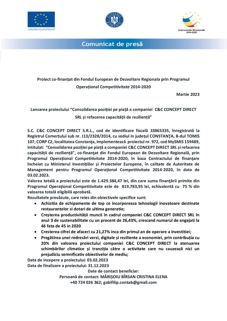 Comunicat de presa S.C. C&C CONCEPT DIRECT S.R.L.