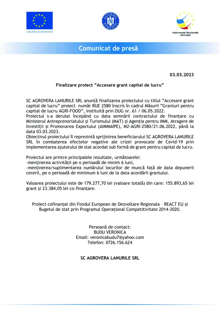 Comunicat de presă SC AGROVERA LANURILE SRL