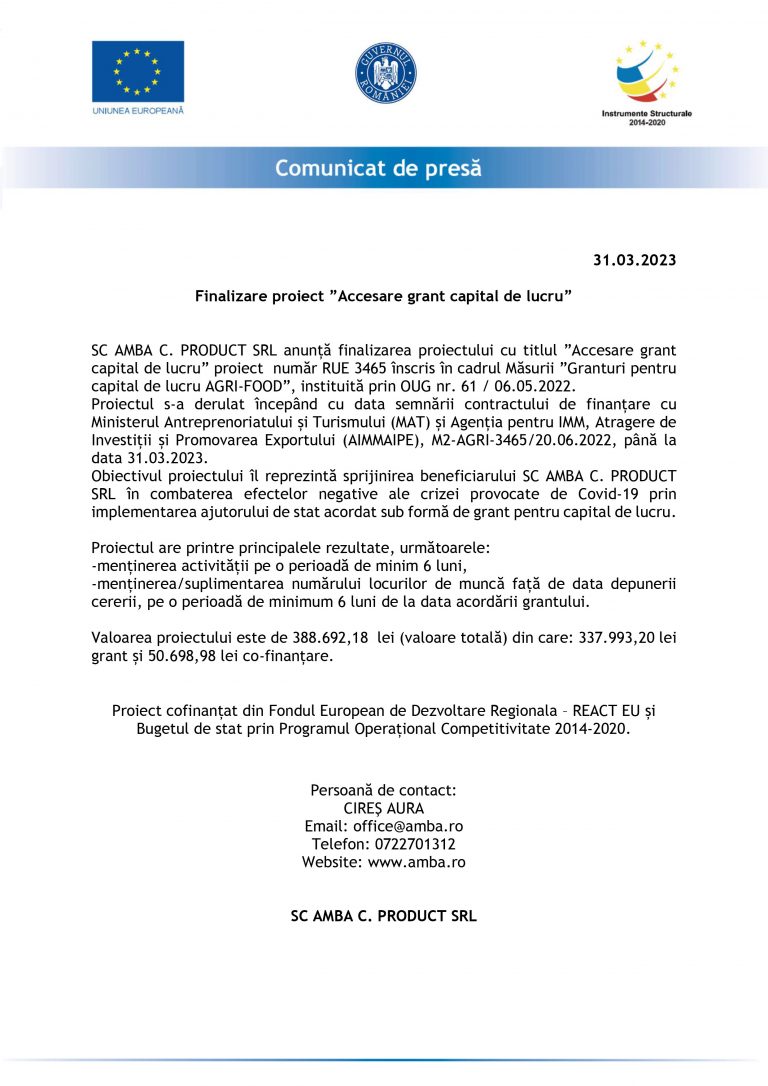 Comunicat de presă SC AMBA C. PRODUCT SRL