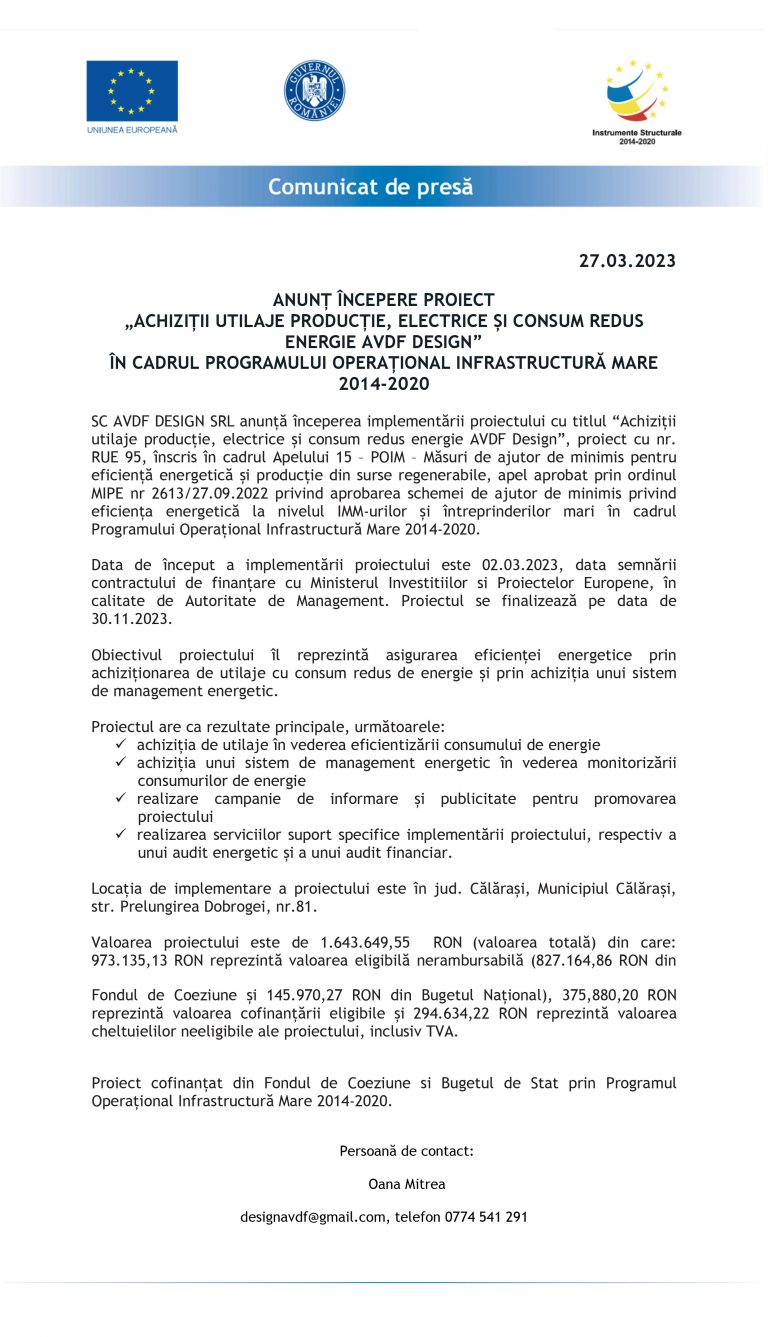 Comunicat de presă SC AVDF DESIGN SRL