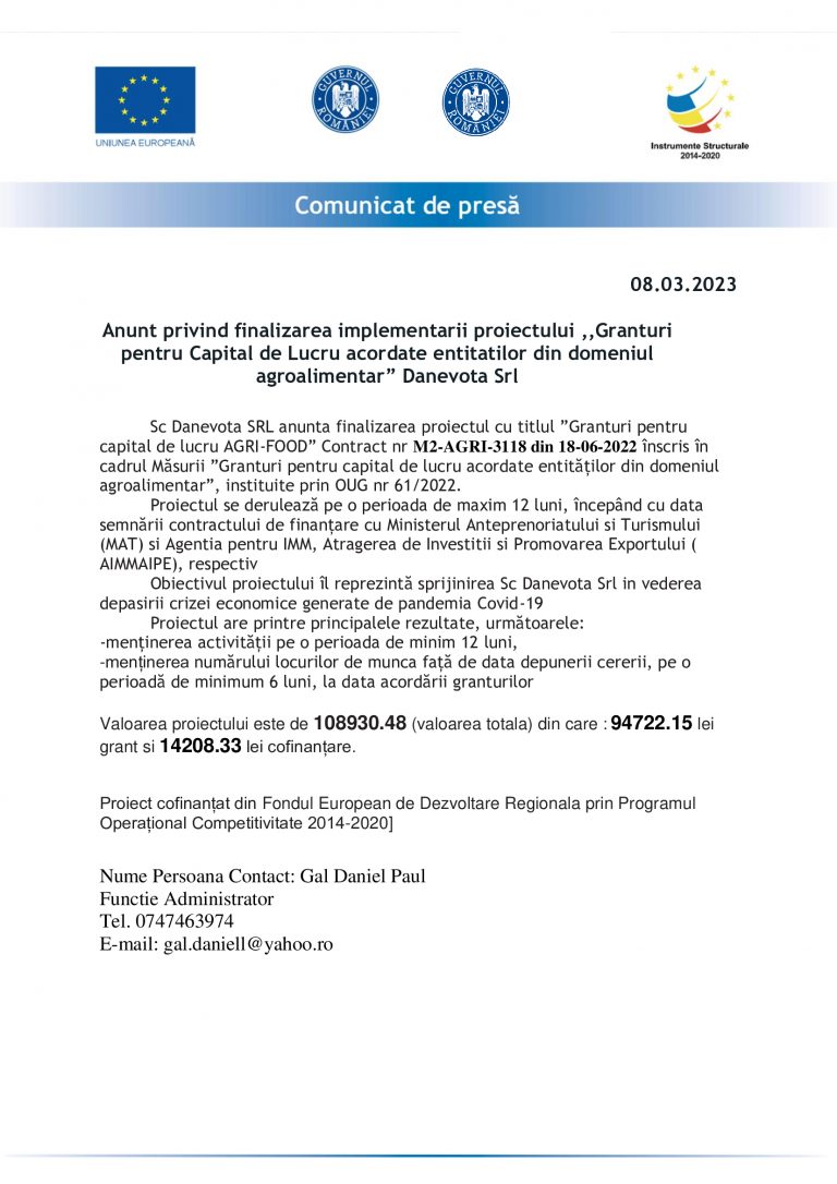 Comunicat de presă SC Danevota SRL