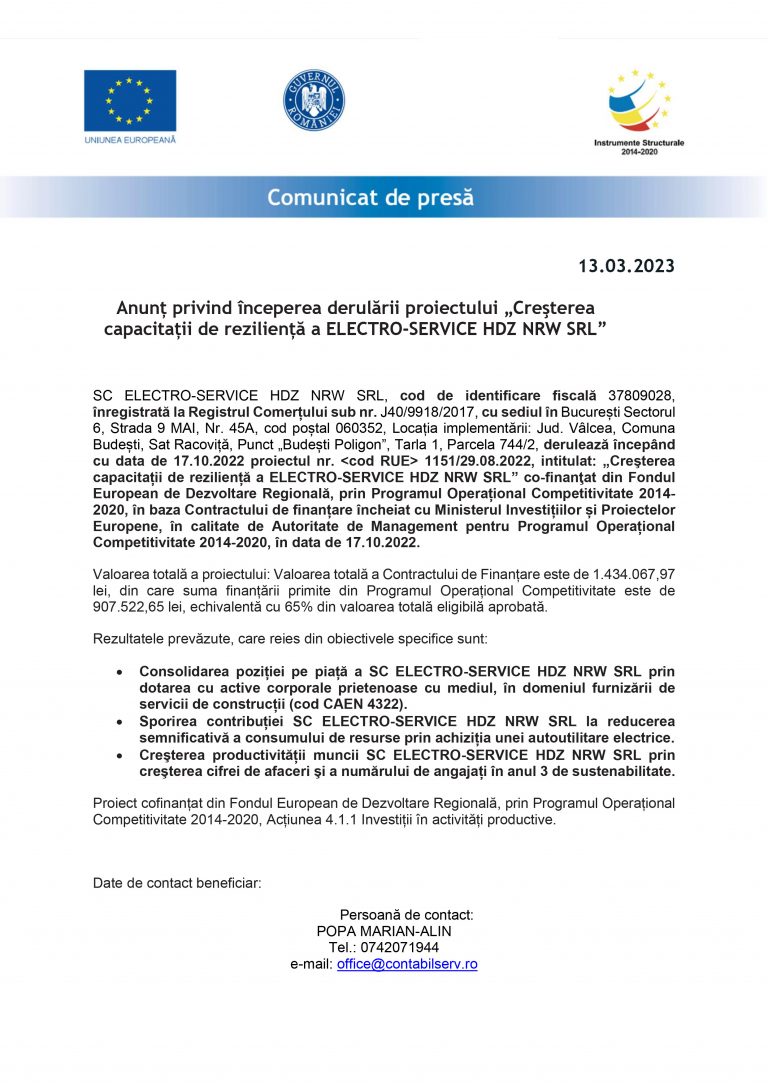 Comunicat de presă SC ELECTRO-SERVICE HDZ NRW SRL
