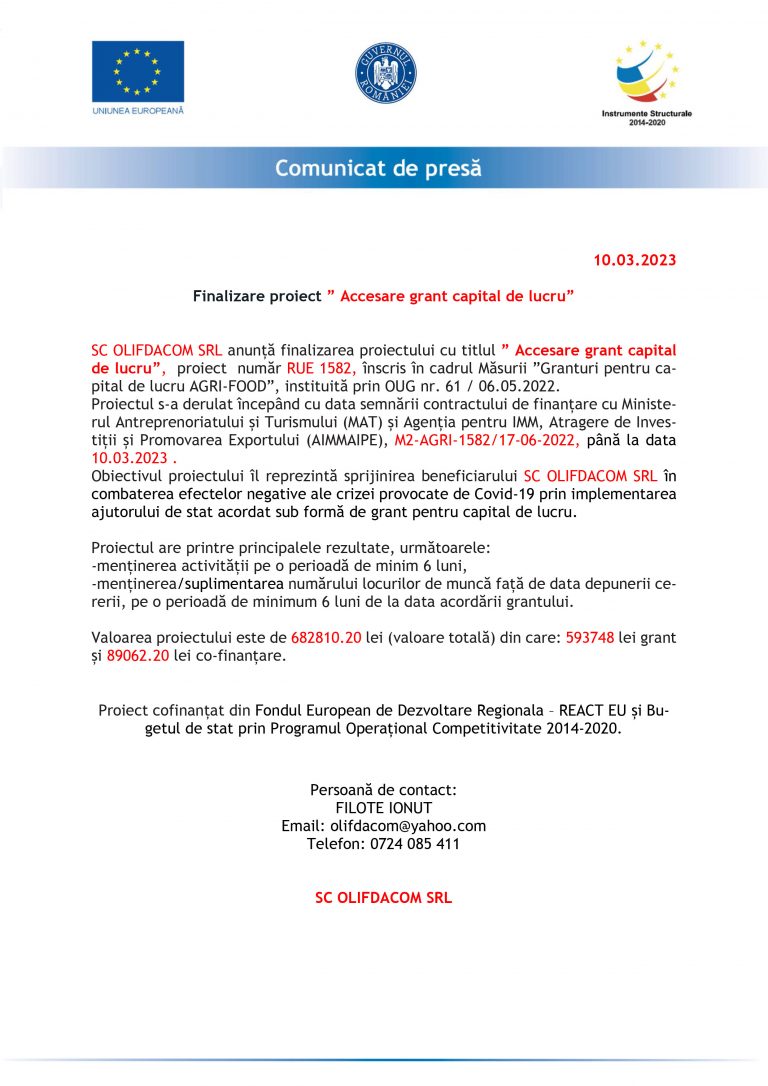 Comunicat de presă SC OLIFDACOM SRL