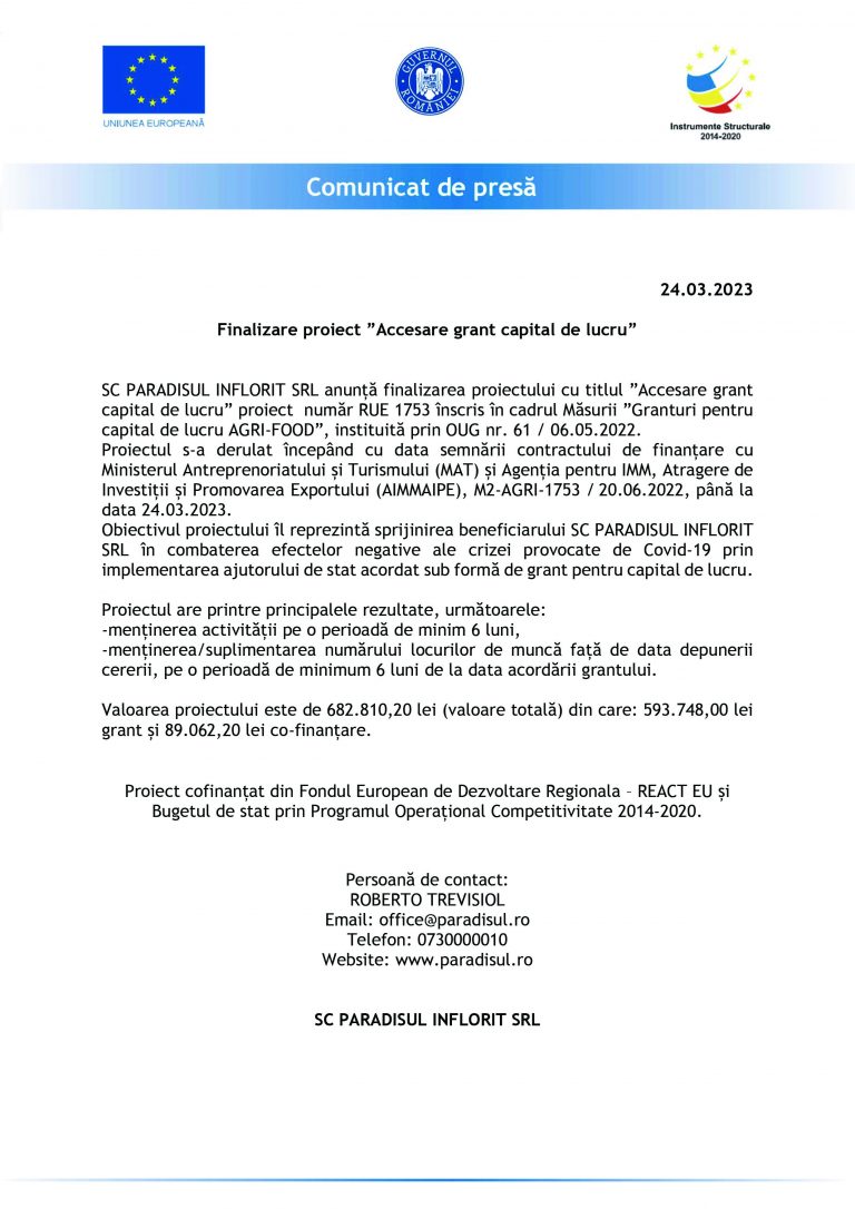 Comunicat de presă SC PARADISUL INFLORIT SRL