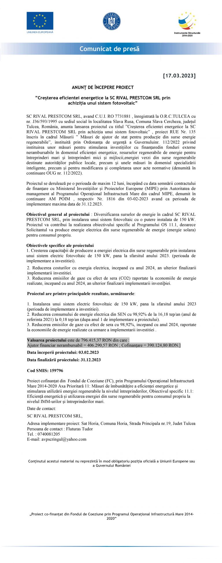 Comunicat de presă SC RIVAL PRESTCOM SRL