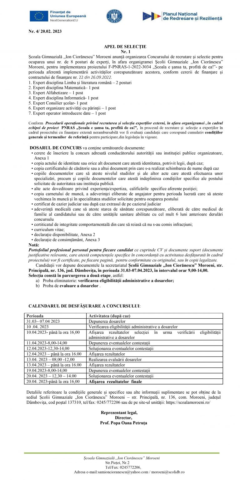 APEL DE SELECȚIE Școala Gimnazială ,,Ion Ciorănescu” Moroeni