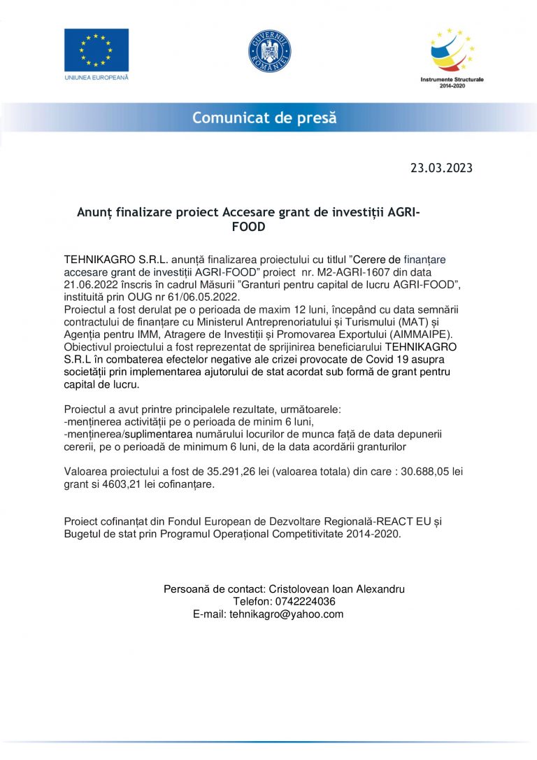 Comunicat de presă TEHNIKAGRO S.R.L.