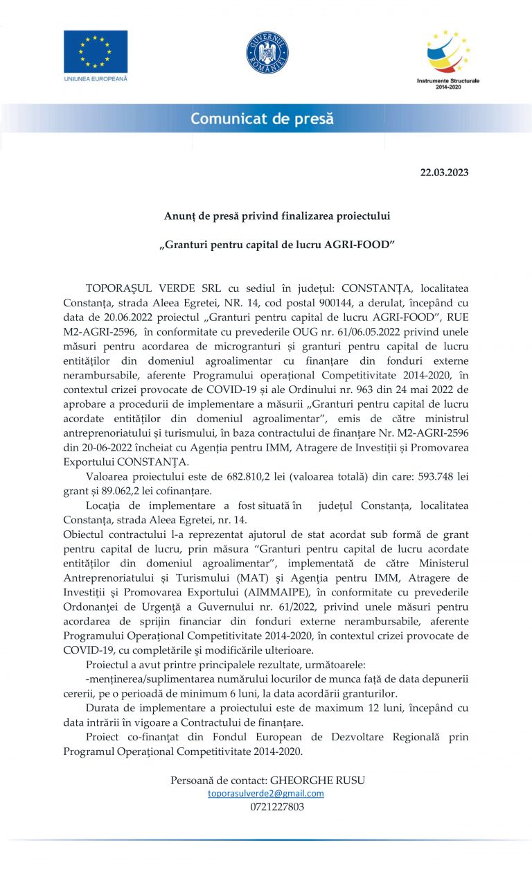 Comunicat de presă TOPORAŞUL VERDE SRL