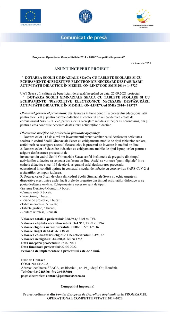 Comunicat de presă UAT Seaca