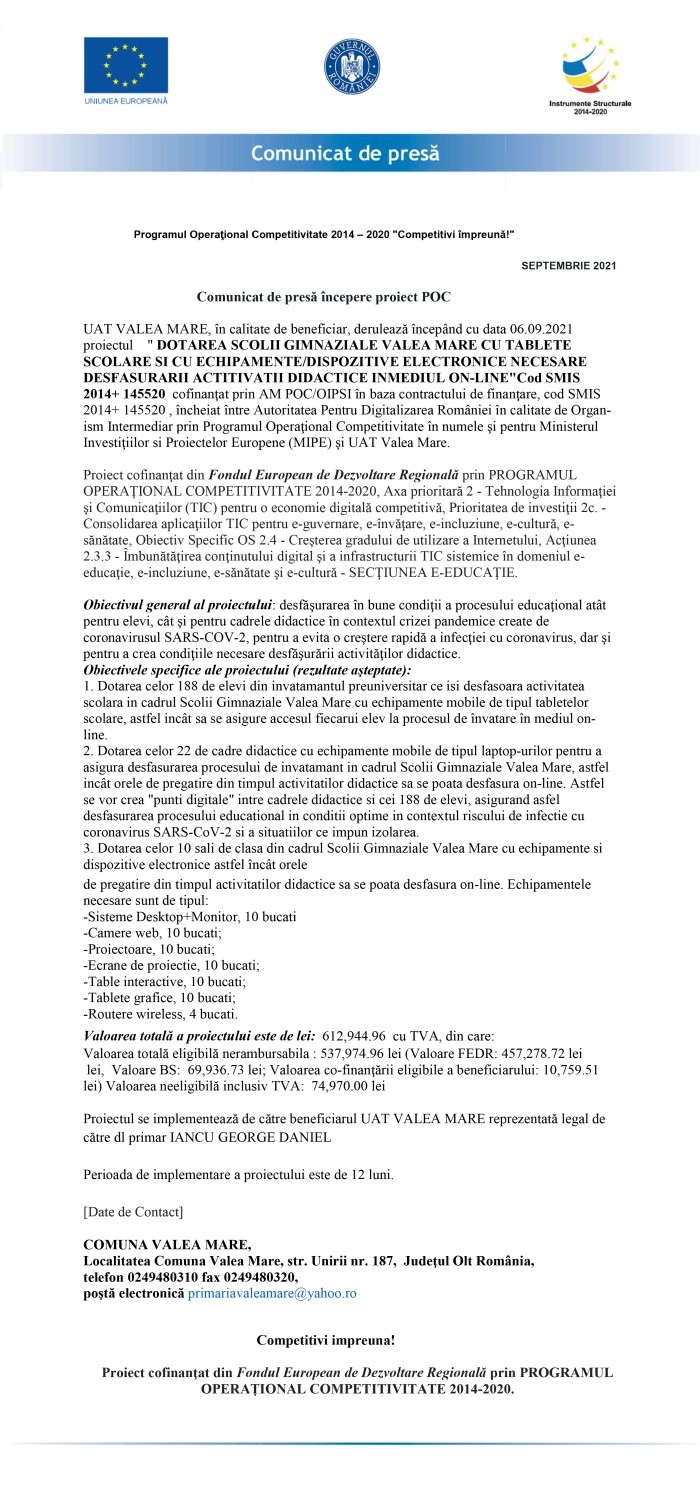 Comunicat de presă UAT Valea Mare