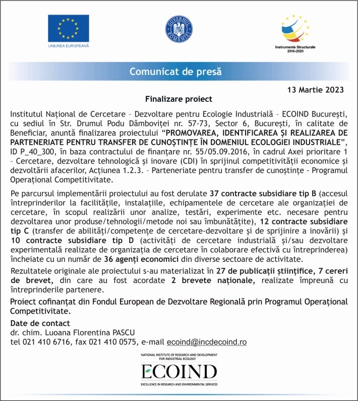 Comunicat de presă ECOIND București