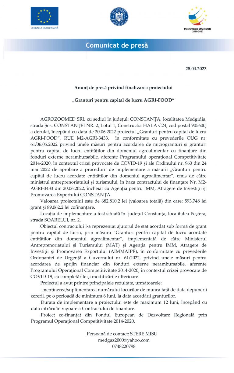 Comunicat de presă AGROZOOMED SRL