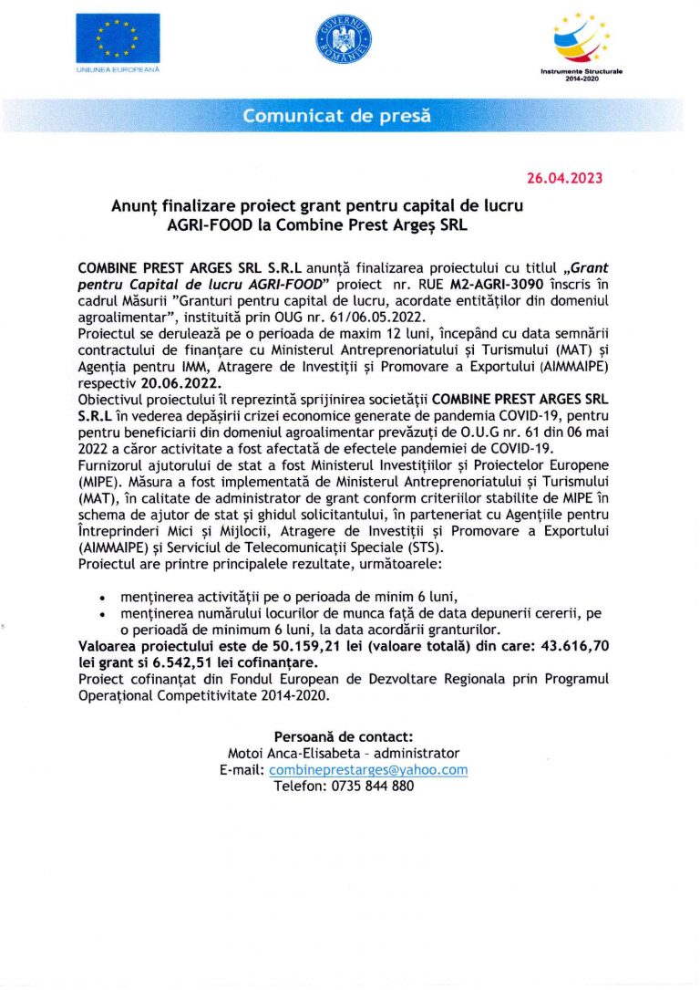 Comunicat de presă COMBINE PREST ARGES SRL