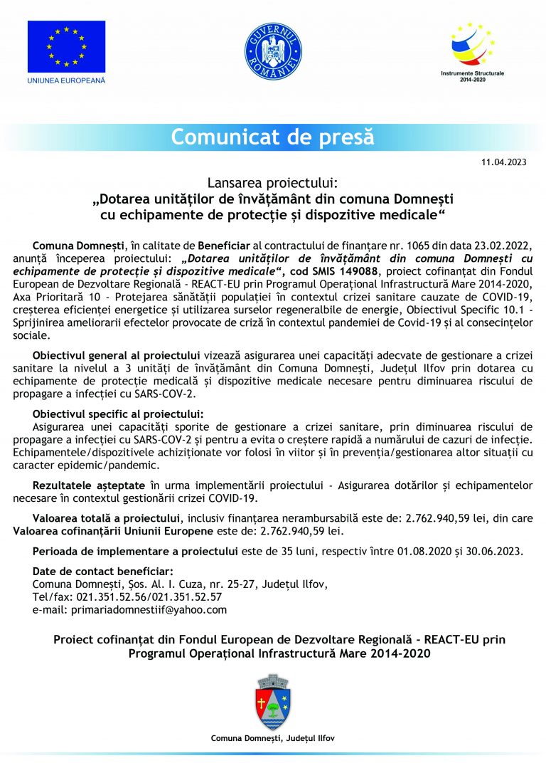 Comunicat de presă Comuna Domnești