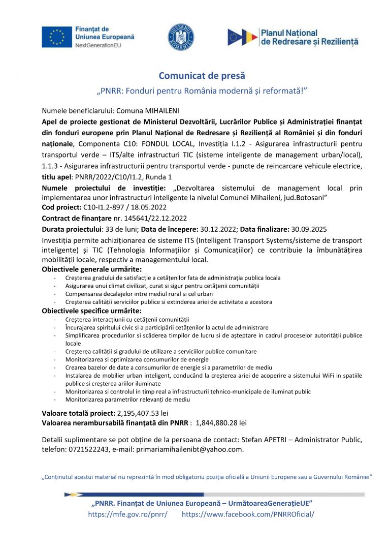 Comunicat de presa Comuna MIHAILENI