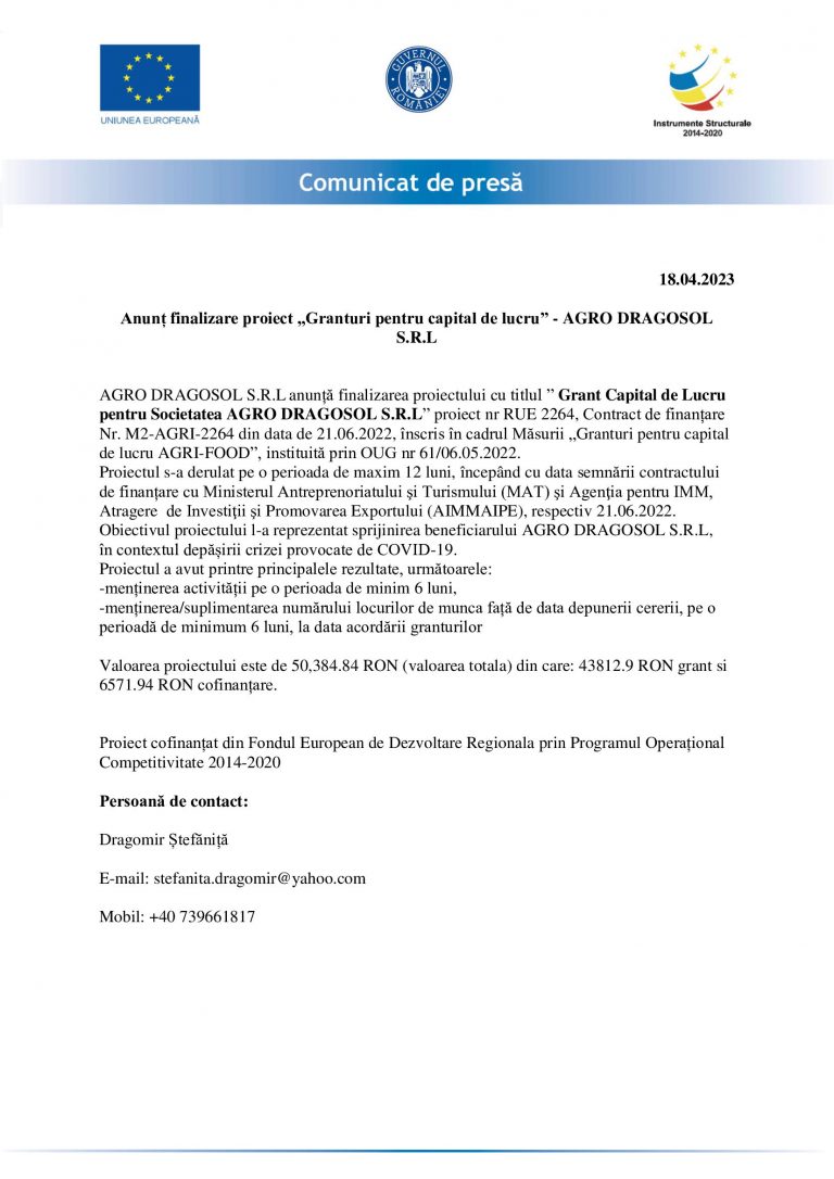 Comunicat de presa AGRO DRAGOSOL SRL