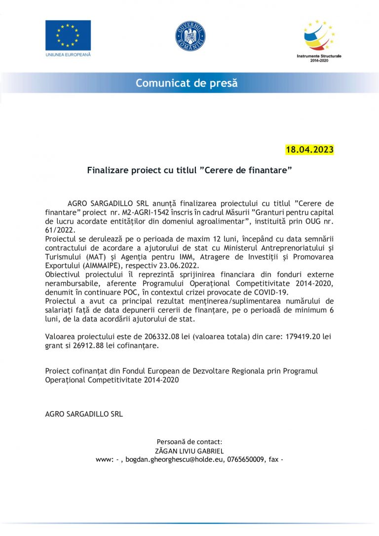 Comunicat de presa AGRO SARGADILLO SRL