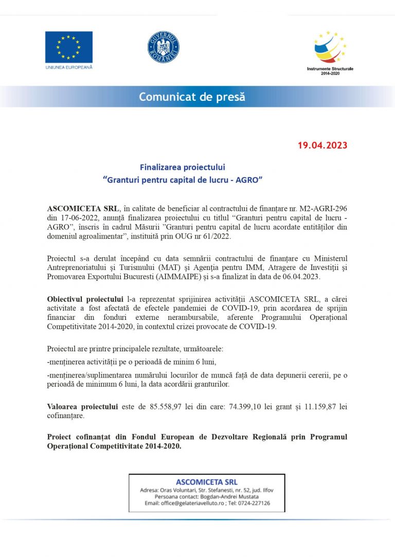 Comunicat de presa ASCOMICETA SRL