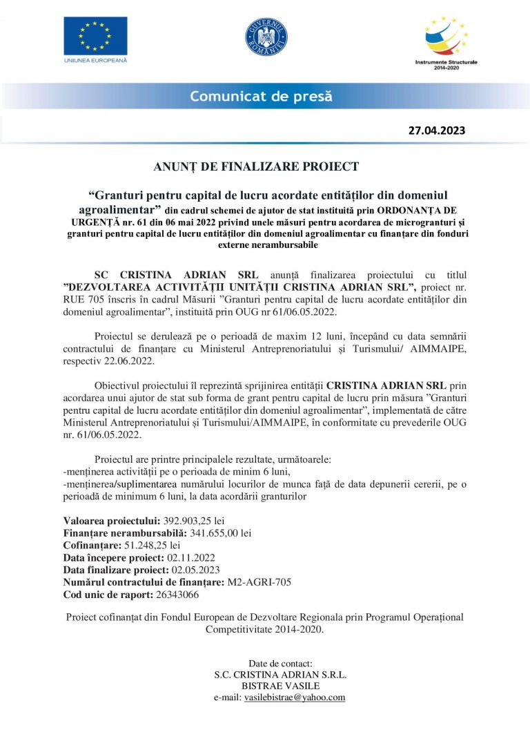 Comunicat de presa CRISTINA ADRIAN SRL