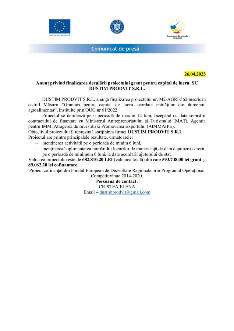 Comunicat de presa DUSTIM PRODVIT SRL