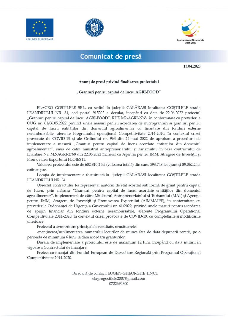 Comunicat de presa ELAGRO GOSTILELE SRL