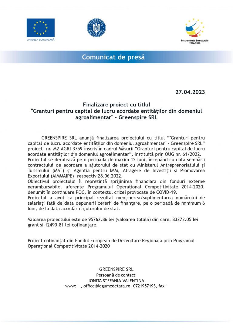 Comunicat de presa GREENSPIRE SRL