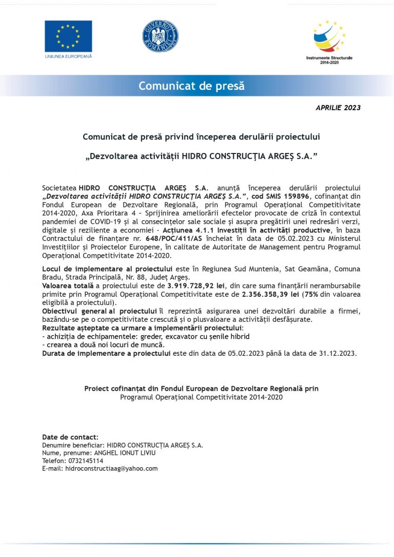 Comunicat de presa HIDRO CONSTRUCTIA ARGES SA