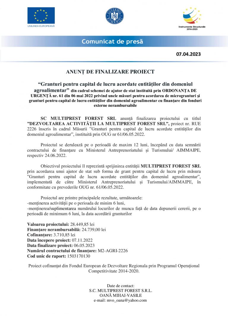 Comunicat de presa MULTIPREST FOREST SRL