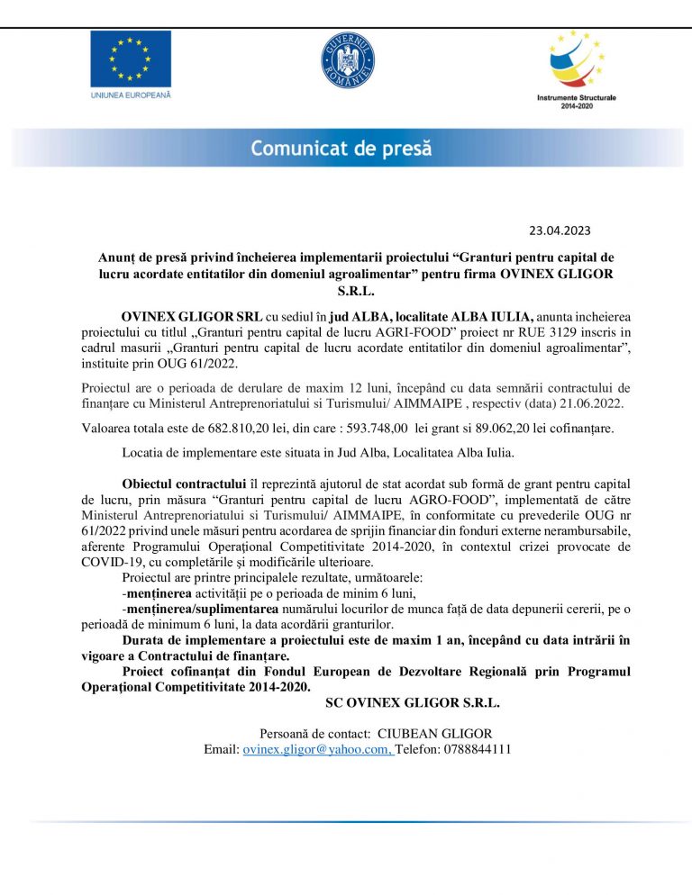 Comunicat de presa OVINEX GLICOR SRL