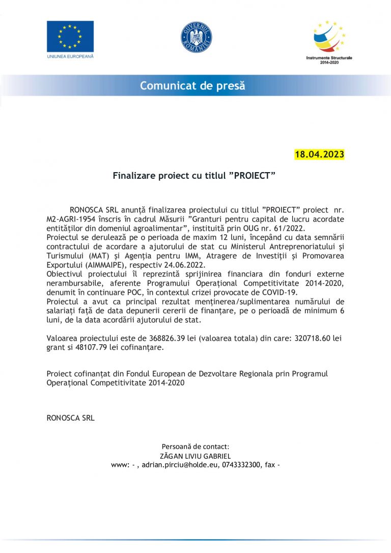 Comunicat de presa RONOSCA SRL