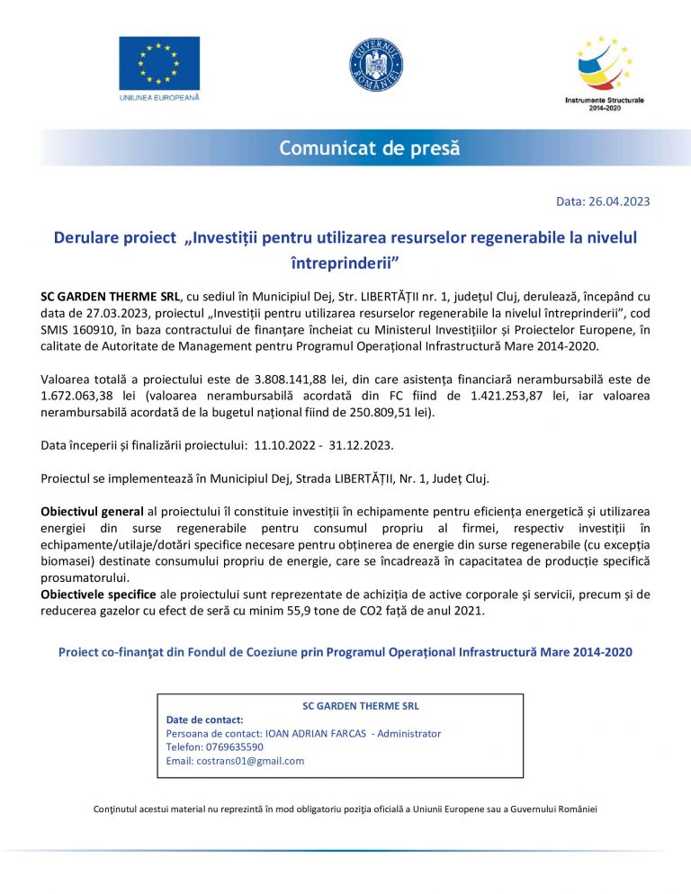 Comunicat de presă SC GARDEN THERME SRL